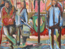 Ecke Pempelforter 3, wartende Menschen an einer Kreuzung, gemalt mit Ölfarben